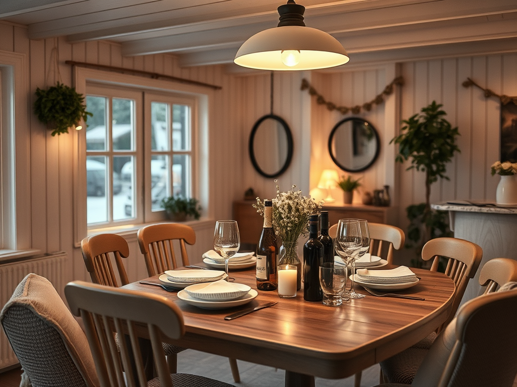 hyggelig-spisebord-scene-med-stearinlys-og-daempet-belysning Sådan Skaber Du den Perfekte Middagsstemning med Delikatesser