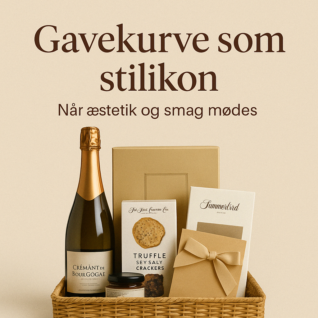 Billede med teksten “Gavekurve som stilikon – Når æstetik og smag mødes” over en elegant gavekurv med Crémant de Bourgogne, trøffelcrackers, chokolade fra Summerbird og gaveæske, sat mod beige baggrund.