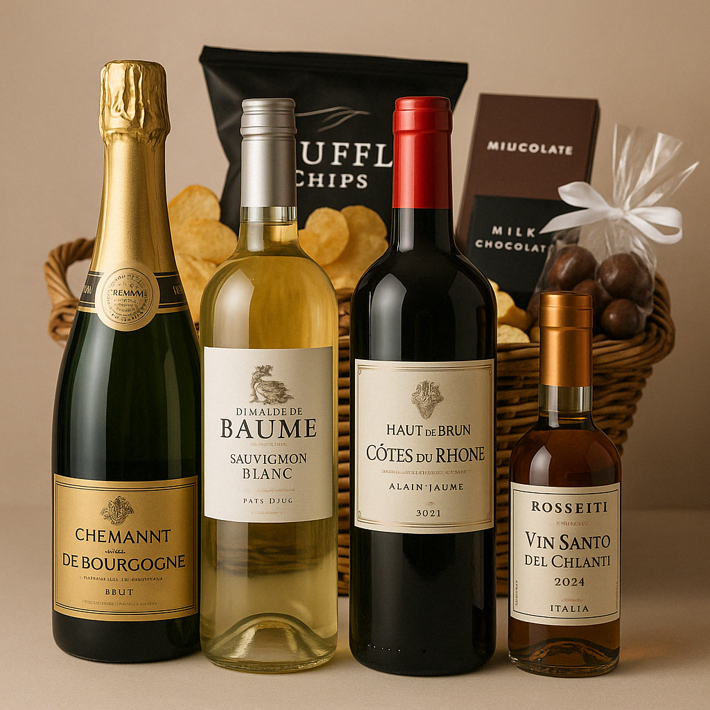 Fire vinflasker foran gavekurv med trøffelchips, chokolade og søde delikatesser – herunder Crémant de Bourgogne, Sauvignon Blanc, Côtes du Rhône og Vin Santo